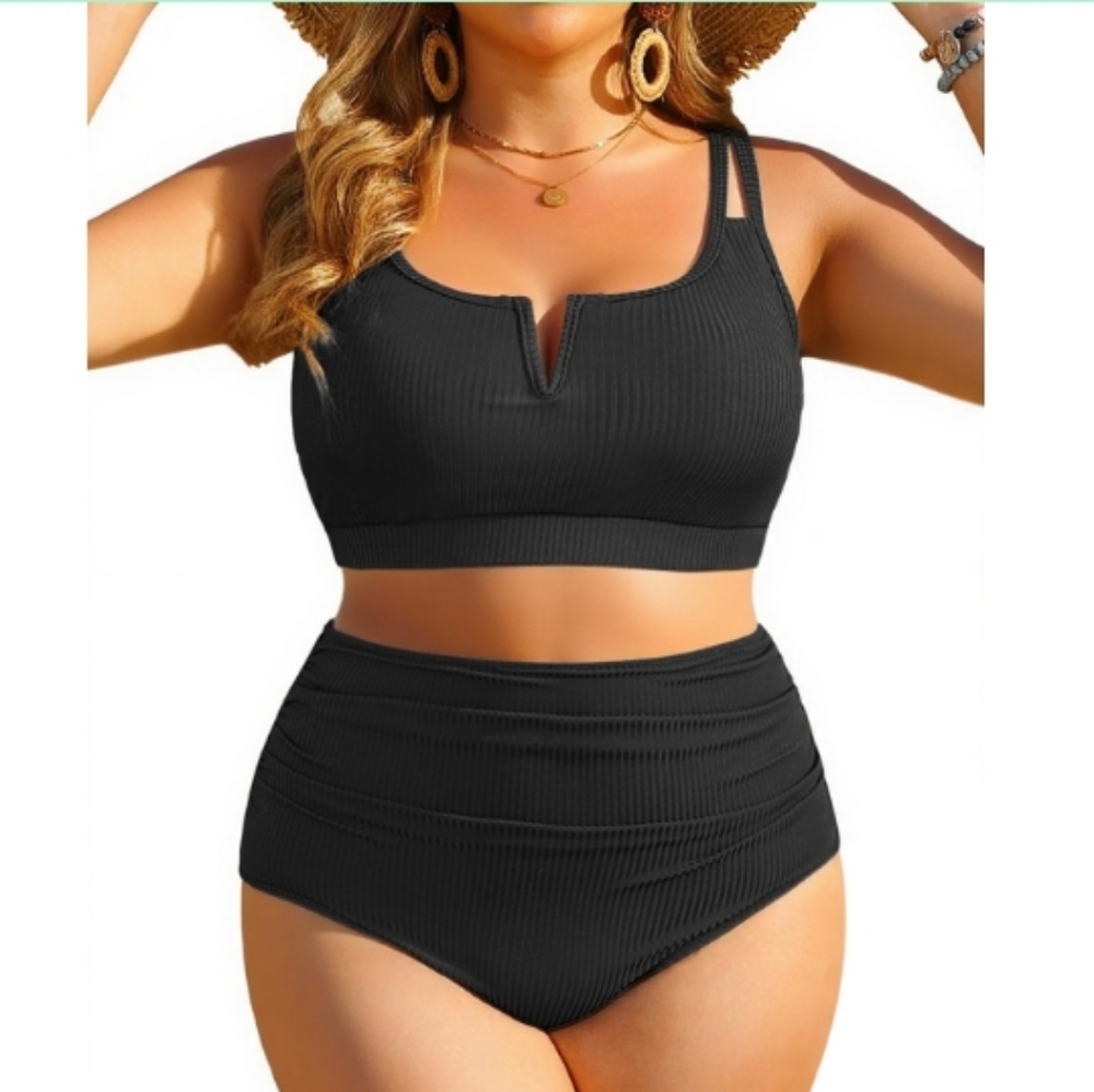 Women Plus Size High Waisted Bikini - Ribbed Two Piece Swimsuit Tummy Control